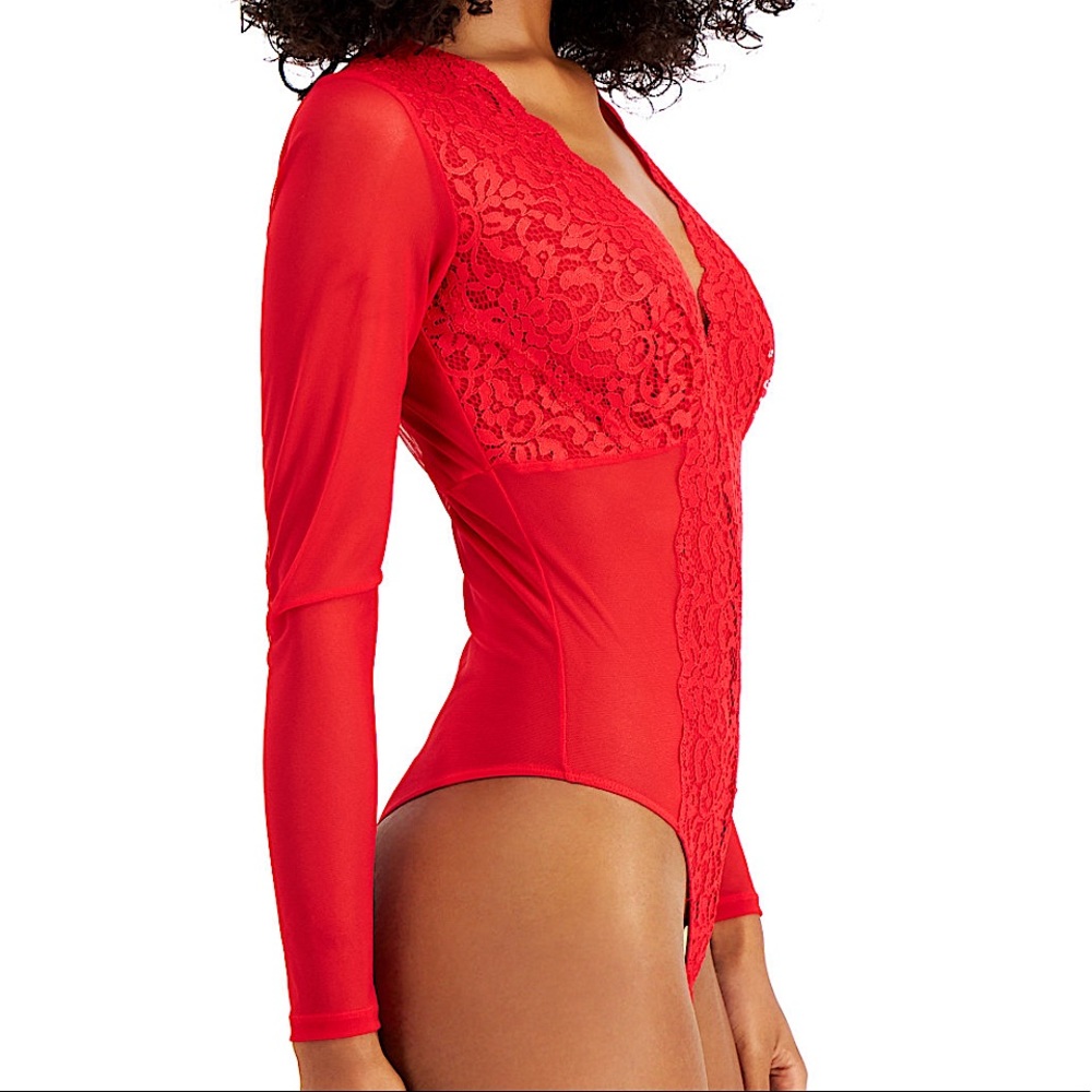 INC International Concepts Not So Basic Long-Sleeve Red Lace Mesh Bodysuit